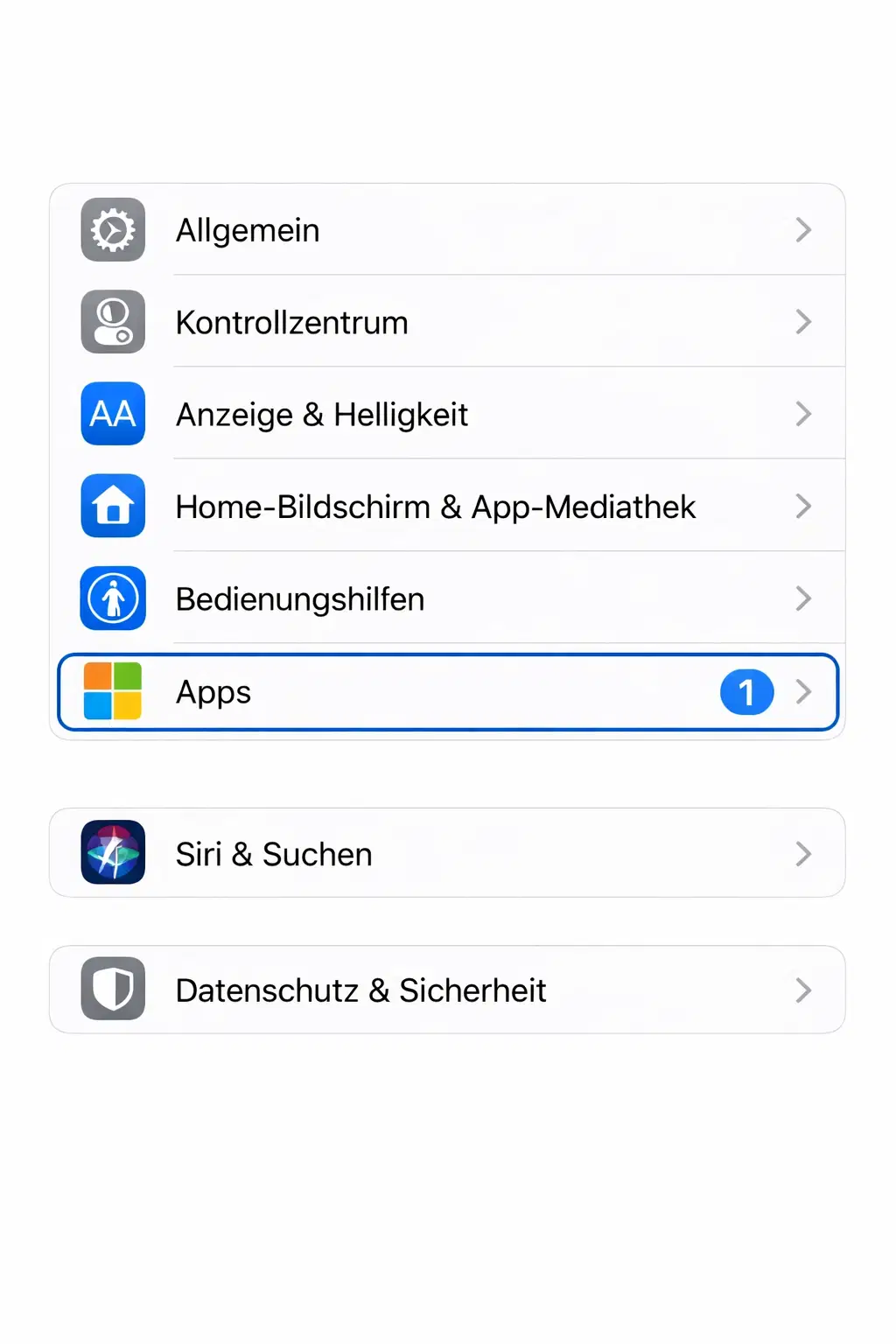 iPhone Einstellungen mit markiertem Menüpunkt Apps