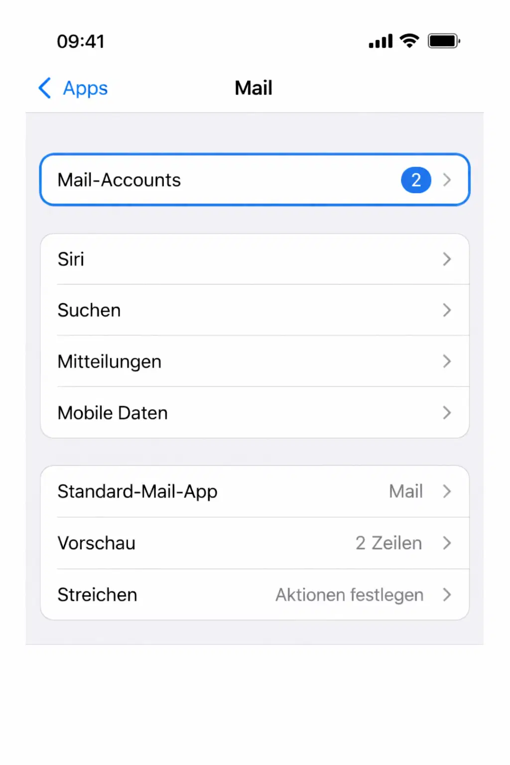 iPhone Mail-Einstellungen mit markiertem Menüpunkt Mail-Accounts