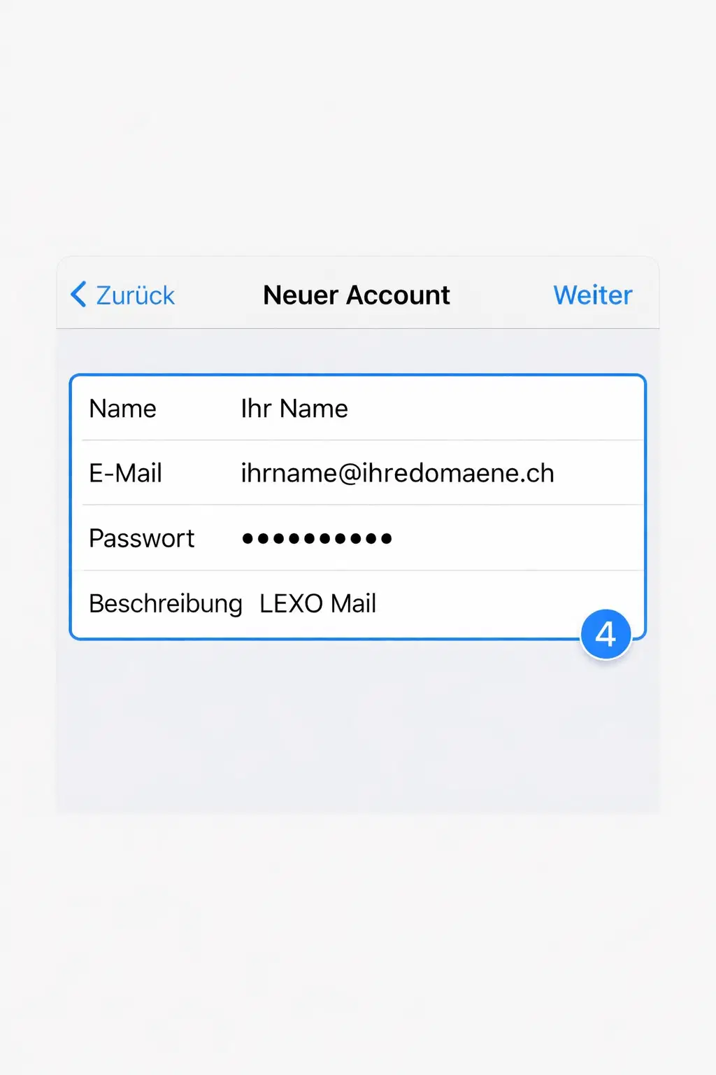 iPhone Formular Neuer Account mit Name, E-Mail, Passwort und Beschreibung