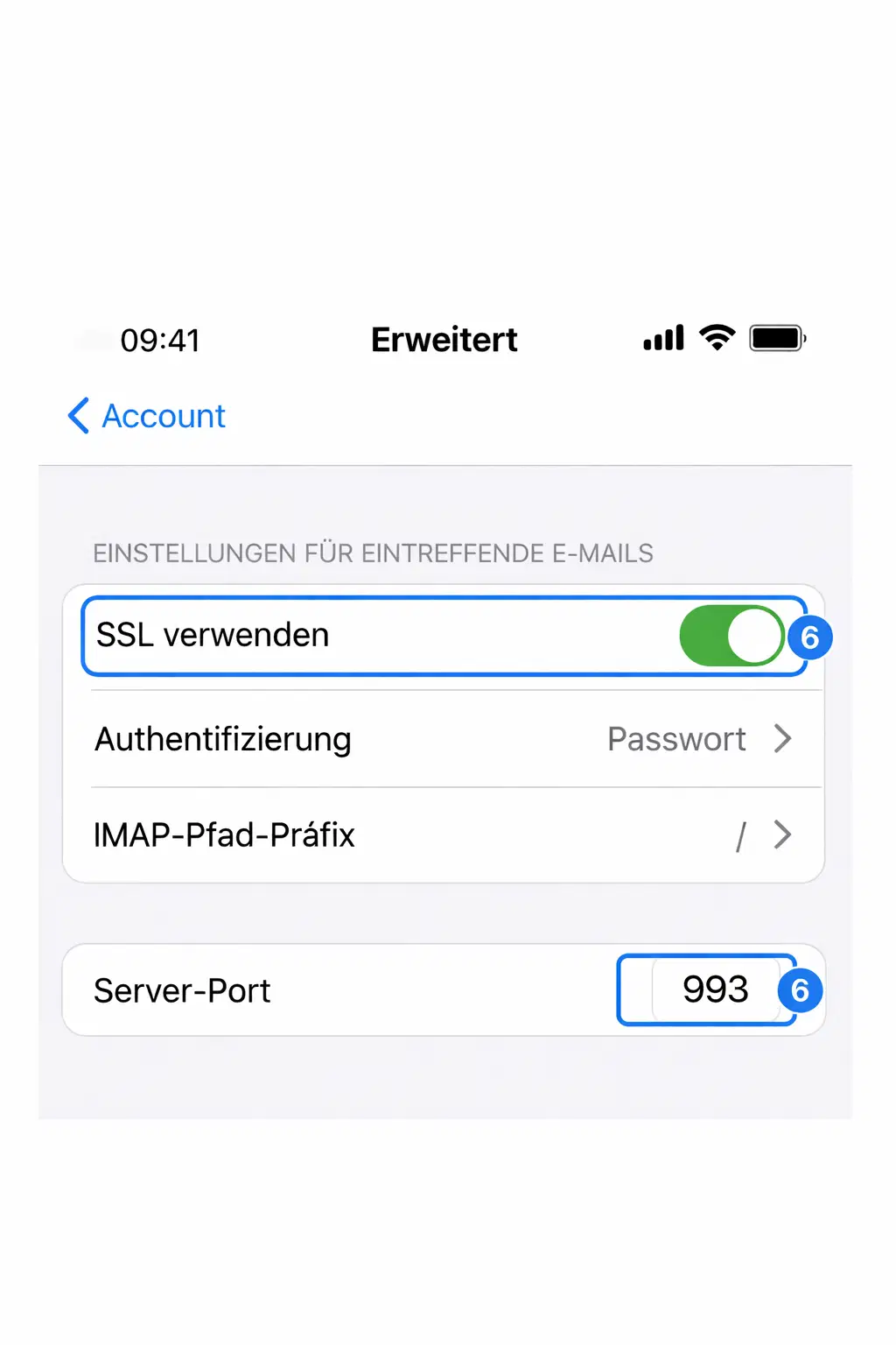 iPhone erweiterte IMAP-Einstellungen mit SSL und Port 993