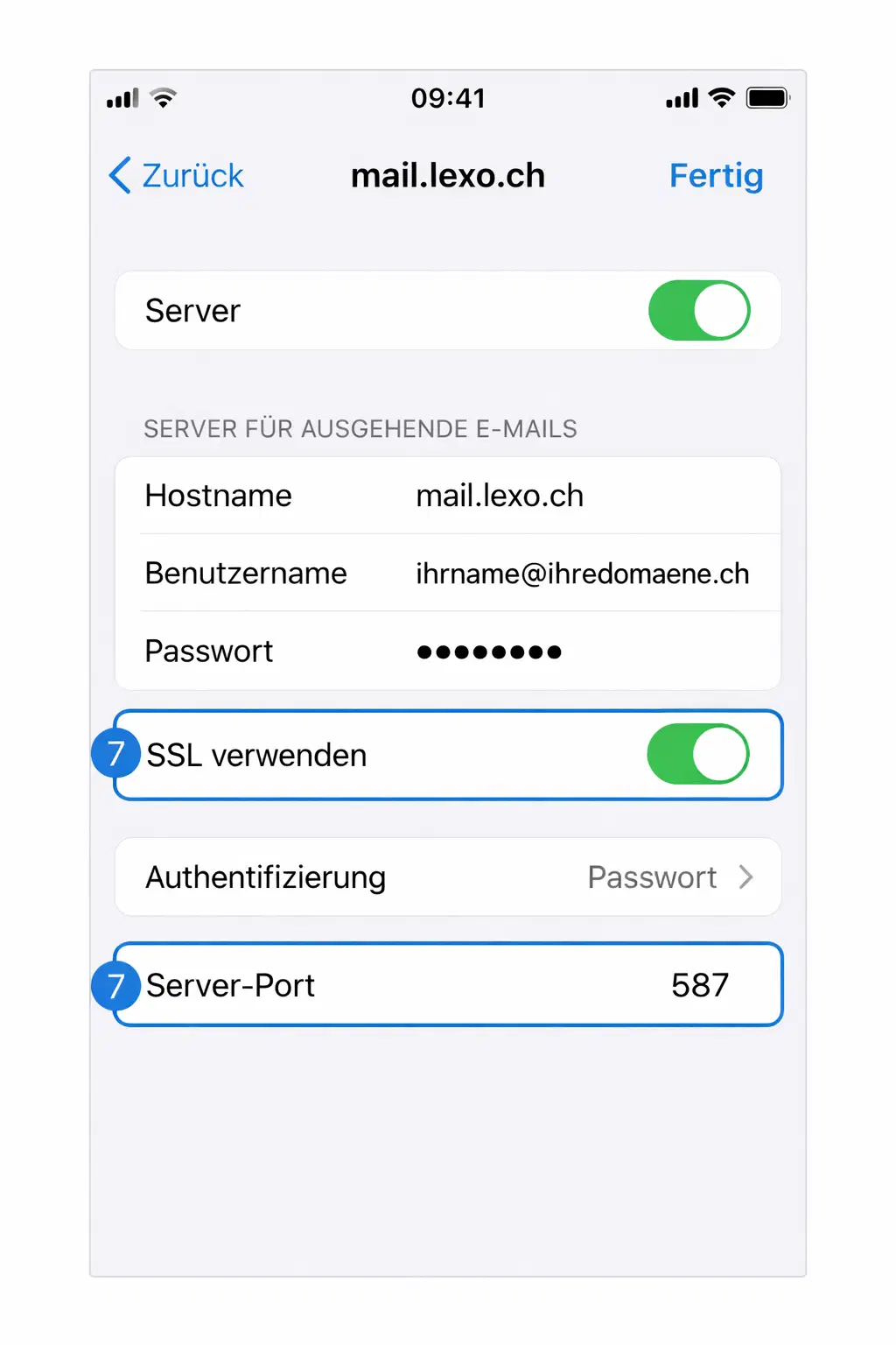 iPhone SMTP-Einstellungen für mail.lexo.ch mit SSL und Port 587