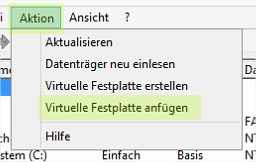 Virtuelle Festplatte anfügen aus dem Menü Aktion auswählen