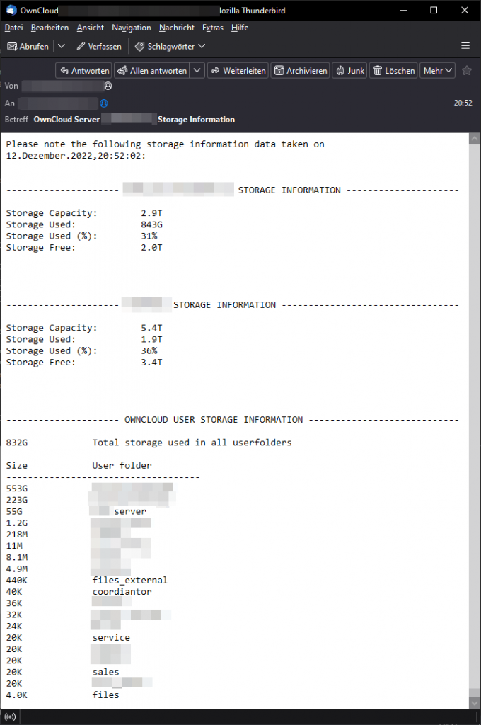 Send harddisk (and OwnCloud peruser) storage information via email