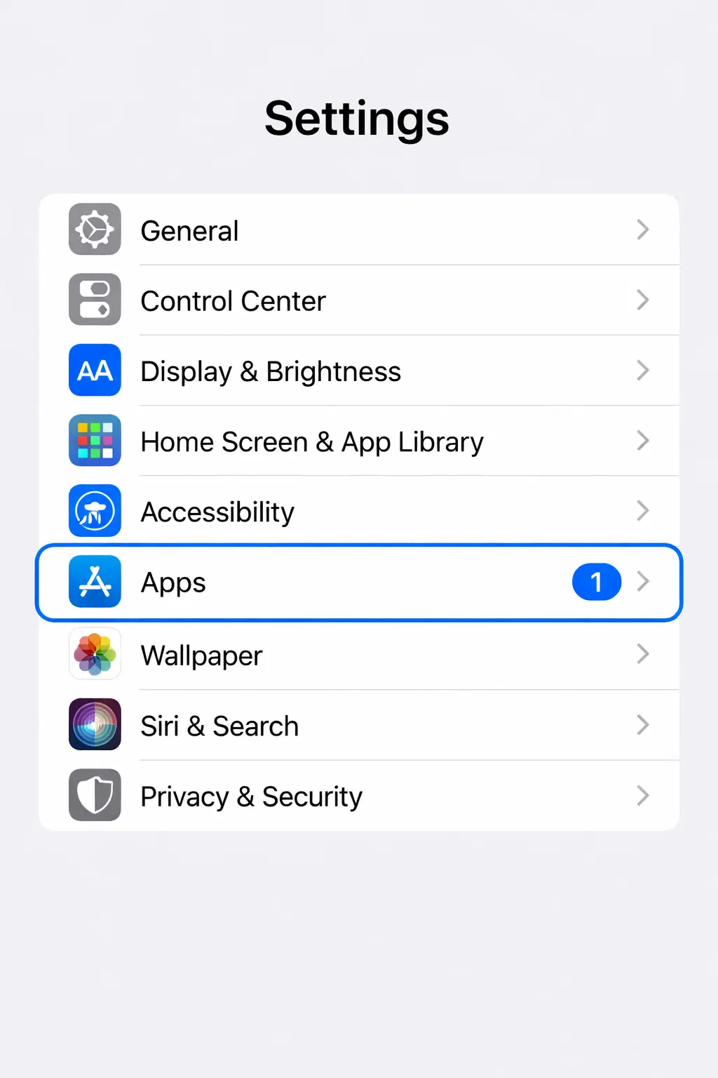 iPhone Settings with the Apps menu highlighted