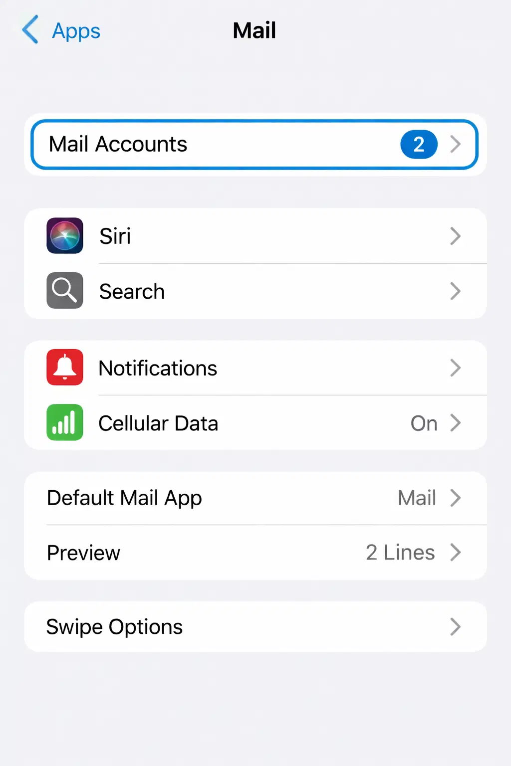 iPhone Mail settings with Mail Accounts highlighted