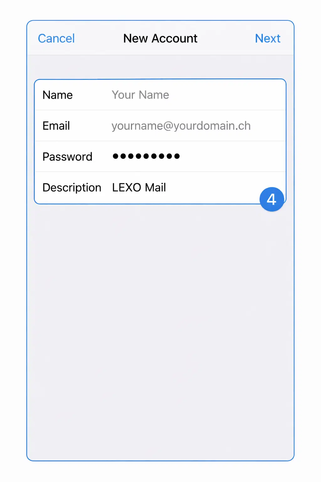 iPhone New Account form with name, email, password, and description