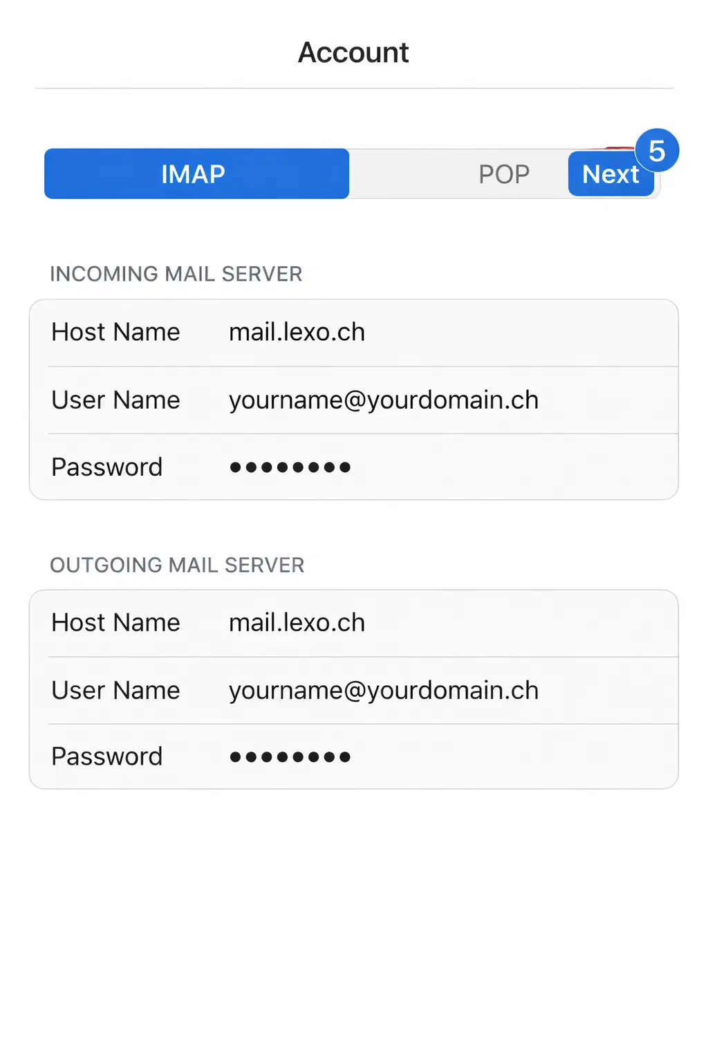 iPhone IMAP configuration for mail.lexo.ch