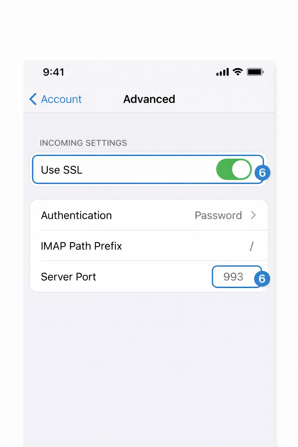 iPhone advanced IMAP settings with SSL and port 993