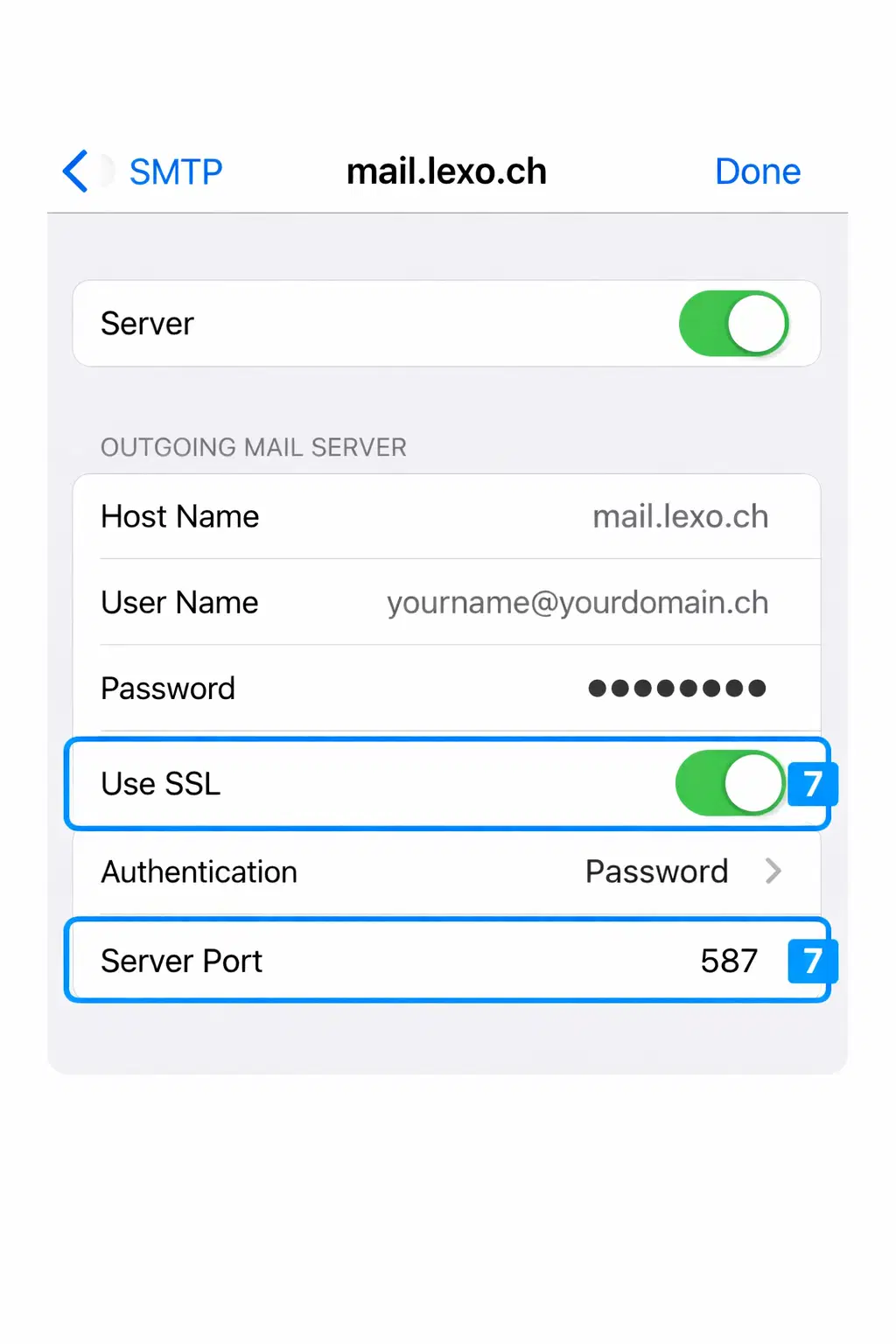iPhone SMTP settings for mail.lexo.ch with SSL and port 587